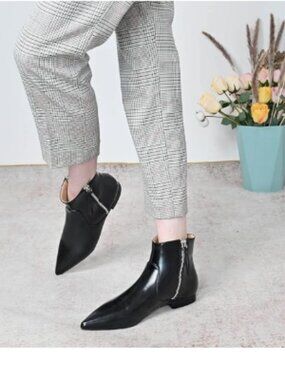 XYD Black Pointed Toe Ankle Boots Low Heel Double Side Zippers Shoes